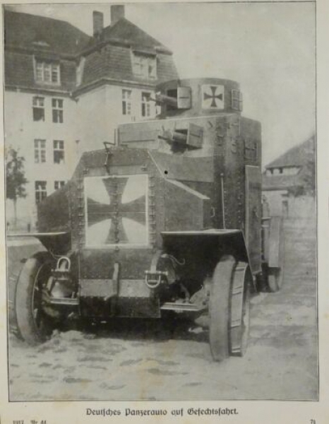 1917 - alter Druck - Deutsches Panzerauto auf Gefechtsfahrt